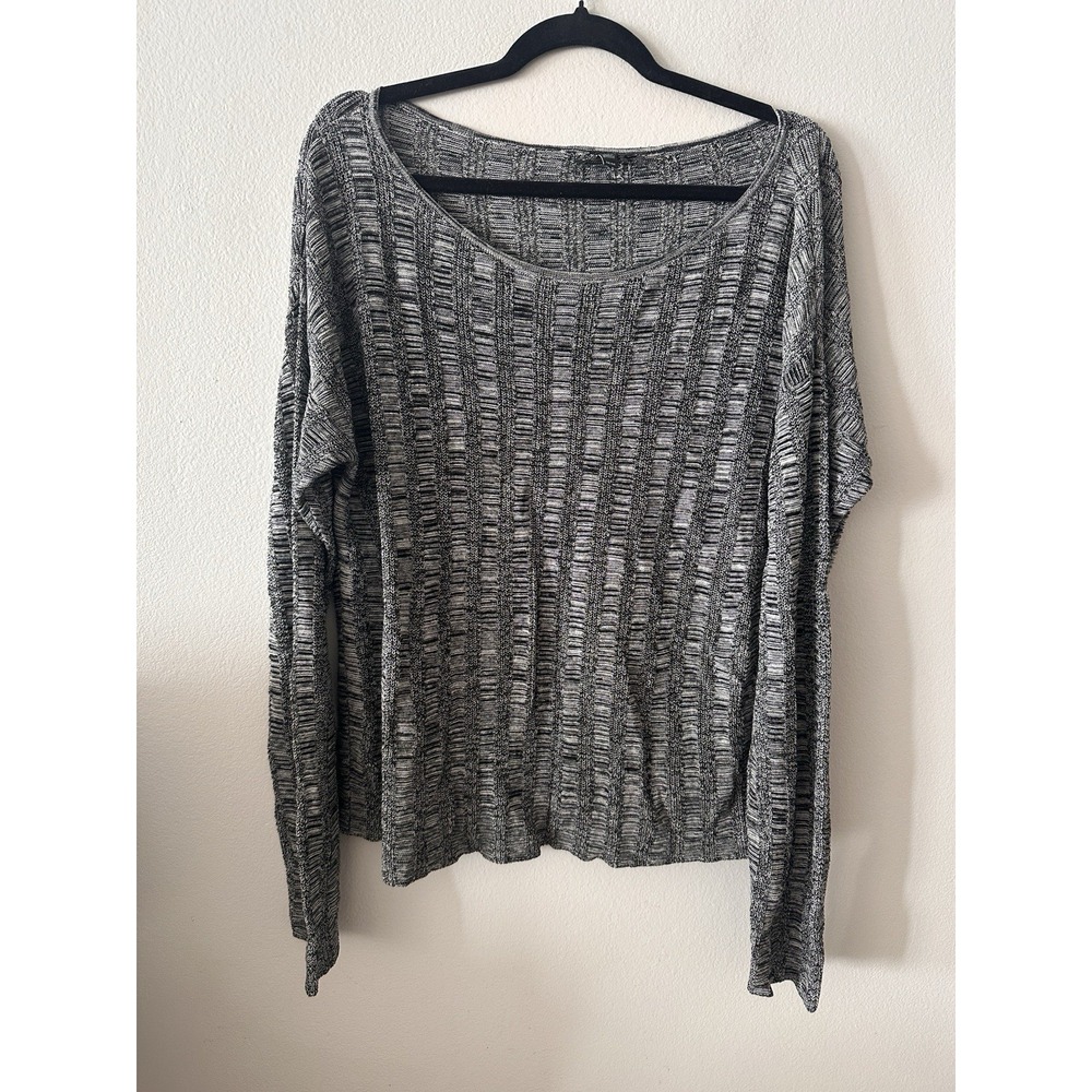 Eileen Fisher Silk Organic Linen Knit Sweater Black White Textured Boxy Top M